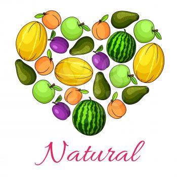 Fruit heart symbol or poster combined of vector natural fresh organic fruits juicy melon and watermelon, garden apple, pear and tropical exotic avocado, plum, apricot or peach. Ripe farm fruits harves