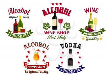 Alcohol beverages and drinks signs or emblems set of whiskey and cognac brandy bottle, red and white wine glass with grape vine, champagne with vodka and liquor cocktail. Vector isolated alcohol drink