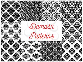 Damask patterns set. Vector floral embellishment and tracery motif. Luxury flowery backdrops and ornate ornament tiles. Vector seamless flourish baroque background with rococo design