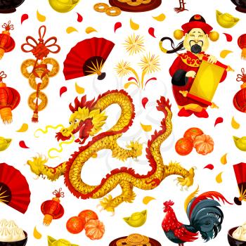Chinese New Year symbols seamless pattern with red rooster, lantern, golden coin, dragon, god of prosperity, mandarin fruit, firework, gold ingot, fan, dumpling. Chinese New Year holidays background