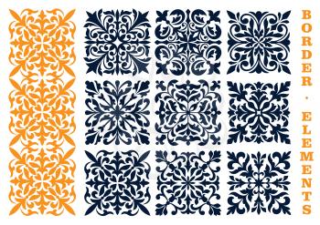 Ornamental floral pattern border elements. Curled and curved decorative openwork decoration borders Seamless tile of stylized leaves, branches, tendrils for certificate, diploma frames, interior decor