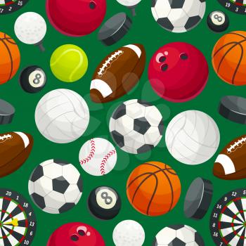 Sport balls and gaming equipment pattern. Vector pattern of color cartoon balls for rugby, football, soccer, baseball, basketball, tennis, hockey puck, bowling, volleyball, darts, billiards