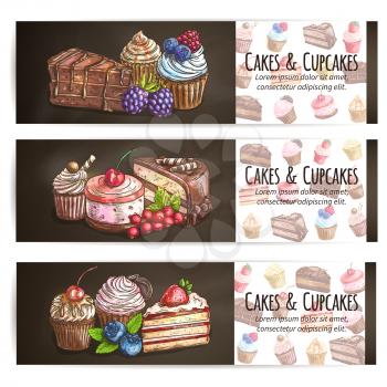 Cupcakes, cakes pastries desserts poster. Confectionery bakery sweets placard. Vector banner for patisserie, cafe leaflet, pastry shop signboard, menu