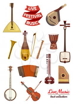 Musical instrument cartoon icon set. Violin, drum, lute, balalaika, flute, mandolin, banjo, sitar, accordion, rebec, psaltery and ribbon banner with text Live Festival Music. Arts, music theme design