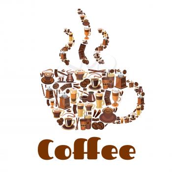Coffee cup silhouette made up of glass and paper cups of coffee, coffee bean, chocolate, coffee pot and grinder. Coffee poster for cafe, coffee shop, food and drink design