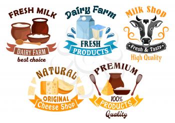 Milk and cheese shop, dairy farm badge set with fresh milk, natural cheese, yogurt and head of a cow, framed by ribbon banner. Food and drink packaging design
