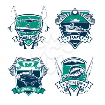 Fishing sport club heraldic badge set. Fish, rod, hook, bait and nets on shield with ribbon banner. Fishing trip, fishery or sporting competition symbol design
