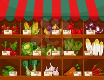 Vegetable and fruit market stall with price labels. Farm market stand with tomato, carrot, pepper, onion, chili, radish, corn, cabbage, garlic, cucumber, avocado, leek, chicory, bok choy and radicchio