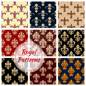 Fleur-de-lys french royal seamless pattern set. French floral background with royal lily flowers, swirls and victorian flourishes. Wallpaper, interior accessory, fabric design