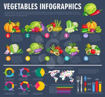 Vegetable infographics. Nutritional benefits and vitamin content of carrot, tomato, pepper, beet, cabbage, broccoli, eggplant and garlic with pie chart, graph and world map. Healthy food theme design