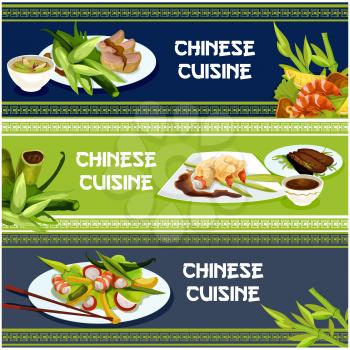 Chinese cuisine popular dishes banner set. Seafood and meat menu with peking duck, spicy battered shrimp, duck salad, pork rice soup and prawn salad, served with soy sauce and chopsticks