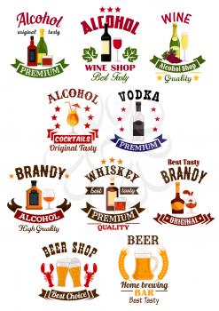 Alcohol drinks badge set. Wine, beer, vodka, cocktail, whisky, brandy and champagne, supplemented by ribbon banner, wheat, grape bunches and stars. Liquor store, wine shop, bar or brewery sign design