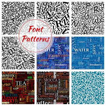 Number and letter font seamless pattern background with arithmetic digits, alphabet symbols, water, coffee and tea word clouds. Scrapbook page backdrop and education theme design