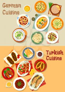 German and turkish cuisine icon with grilled meat, pork sauerkraut, cheese fruit, potato and sausage salads, meat and cheese pies, bean sausage stew, baked fish and eggplant, herring roll, fish soup
