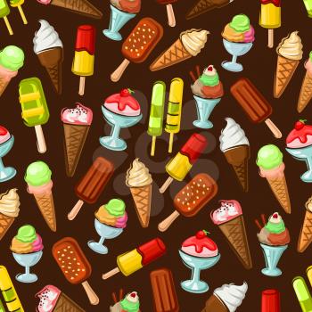 Ice cream desserts seamless pattern on brown background with fruit and vanilla ice cream cone, chocolate ice cream with nut and fruity popsicle on sticks, sundae dessert with fruit