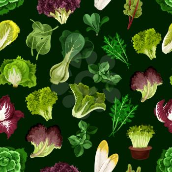 Leaf vegetable, salad greens and potherb seamless pattern with fresh lettuce, spinach, cress salad, iceberg, cos lettuce, corn salad, bok choi, arugula, chicory, chard, batavia, sorrel, radicchio