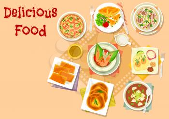 Asian soup with savory pastry icon of chicken cheese pie, japanese miso soup with tofu, thai shrimp soup with ginger, fried noodle, cheese and egg bread, korean beef noodle soup, meat patty