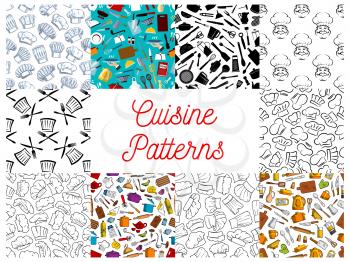 Cuisine pattern set. Vector seamless pattern of cuisine kitchenware objects, kitchen utensils, sketch baker and cook hat, kettle, sauce pan, spoon, knife, fork. Kitchen decoration tile background