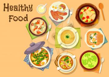 Healthy lunch with soup dishes icon of fish vegetable soup, beef sorrel soup with egg, broccoli cream soup, oat soup with sausage, egg and mushroom, onion soup, rye soup with bacon and vegetables