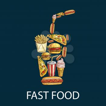 Fast food decoration emblem in shape of soda cup. Fast food label design of vector isolated sketched fastfood cheeseburger, pizza slice, hot dog, french fries, soda drink, ice cream fro fast food menu