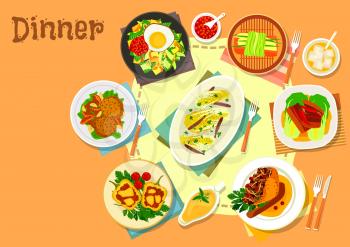 Main lunch dishes icon of fried egg with vegetable and bacon, stuffed pepper with beef and cheese, baked pork, chinese cabbage with anchovy, steamed fish, cabbage cutlet with mushroom, stuffed goose