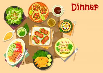 Popular appetizers icon of mexican salad on pita bread and meat tortilla rolls, tomato sausage sandwiches, vegetable soup with egg, salmon and grapefruit snack, celery salad, zucchini with cheese