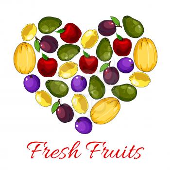 Fruit heart. Vector poster of fresh fruits melon, apple, avocado, plum, lemon citrus
