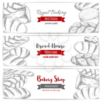 Bakery or baker shop horizontal banners set of white wheat toast bread, rye loaf brick or loaf, sweet sesame roll bun and croissant, bread sketch of wheat bagel, braided bread and fresh baked pretzel.