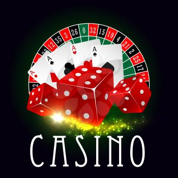 Casino vector poster of wheel of fortune roulette with lucky numbers, red gaming dices and poker game aces cards suits with spades, hearts, diamonds and clubs with gold glittering light