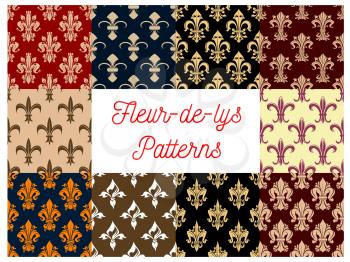 Floral fleur-de-lis or fleur-de-lys royal lily ornament vector patterns set. Flourish seamless tile of flowery ornate baroque tracery. French heraldic flower embellishment motif of luxury imperial orn