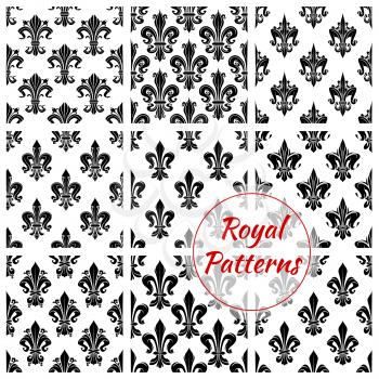 Luxurious royal flower pattern. Vector seamless set of royal french lily or fleur-de-lis ornament. Flourish and floral tile of flowery ornate baroque heraldic tracery. Embellishment motif of luxury im