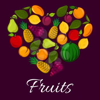 Heart of fruits. Vector fruit poster with fresh fruit harvest of ripe watermelon, red grape, juicy orange or tangerine, citrus lemon, exotic mango and tropical pineapple with avocado, pear, apricot an