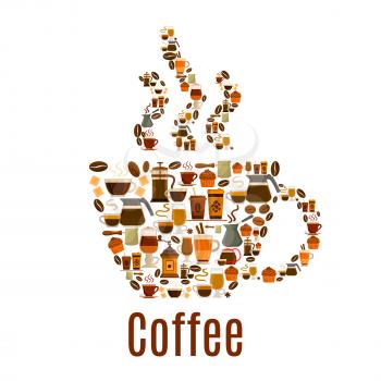 Coffee cup. Vector poster of steamy hot coffee cup of coffee bean, cappuccino or moka, sweet cakes muffins and biscuits, coffee mill or grinder and coffee maker, chocolate desserts, turkish pot cezve.