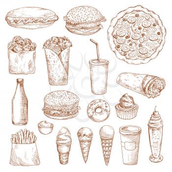 Fast Food icons. Vector isolated sketch hot dog, cheeseburger, french fries or potato chips, burrito kebab, soda drink with donut dessert and cake, hamburger or burger, mayonnaise or ketchup bottle, i