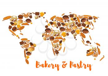 Bread world map. Bakery and pastry symbol or poster of wheat and rye ears and bread loaf or bagel, flour bag sack with dough on board and rolling pin, croissant, pretzel, sweet bun and muffin, dessert