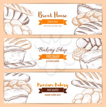 Bread banners of sketched bread assortment wheat bagel, rye loaf brick and french baguette, twist or braided bread, fresh and tasty bun and sweet roll dessert. Vector design with ribbons for premium q