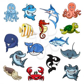 Cartoon sea animals, ocean fishes. Vector isolated icons of dolphin, whale and shark, octopus and squid, cachalot and killer whale or orca, butterflyfish, turtle and stingray, hammerhead and swordfish