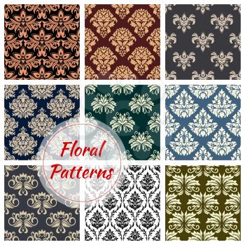 Flourish baroque patterns set of flowery motif and ornate luxury embellishment. Floral backdrops with rococo ornament tiles of seamless tracery and ornamental flowers for interior design