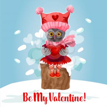Valentine Day card of cute owl with heart. Owl bird in knitted red hat and scarf sits on snowy tree stump with heart in wings. Be My Valentine greeting card or poster design