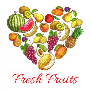 Heart of fruits and berries. Vector symbol of fresh fruits apple and pear, apricot, peach, tropical pineapple with kiwi, banana, exotic mango and avocado, melon, orange, plum, lemon and grape with wat