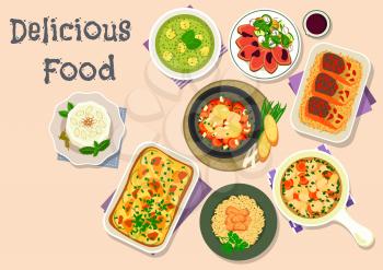 Light meal icon of vegetable pie with mozzarella, spinach cheese and bean soups, chicken rice, beef with potato salad, fish soup with veggies, almond ice cream, baked fish with rice