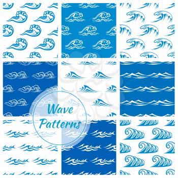 Waves patterns. Seamless vector backdrops set of ocean or sea blue waves, water splashes and stormy curling sea waves, wavy flows with surfing gales and tide water rollers with foamy stormy curls