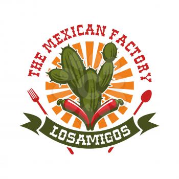 Mexican cuisine restaurant emblem. Vector isolated icon for traditional mexican bar with badge of spicy red chili pepper jalapeno, agave or cactus peyote and sun with ribbon. Sign for Mexico fast food