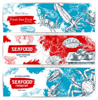 Seafood sketch banners set with fish food sushi rolls and sashimi, fresh lobster and crab, salmon grilled steak, shrimp and squid with red caviar. Vector design for seafood restaurant, japanese orient