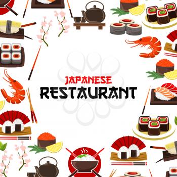 Sushi, sashimi seafood vector poster for Japanese restaurant. Oriental cuisine food sushi rolls, sashimi, steamed rice with salmon caviar or tuna fish and shrimps, noodle seaweed soup, wasabi, soy sau