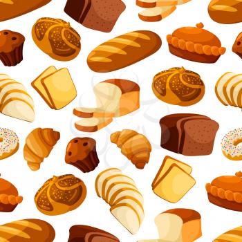 Bread and bakery vector seamless pattern of wheat bread loaf, rye brick or bagel, sliced wheat bread toasts, crunch pie or cake, sweet croissant and chocolate muffin, glazed donut or cupcake dessert. 