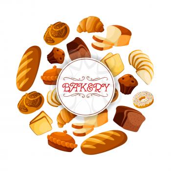 Bakery food or bread loaf, baguette banner. Butterbrot or brick rye pastry and baton, french croissant and cereal anadama, cake with raisins and grain, donut or doughnut. Perfectly fits for breakfast 