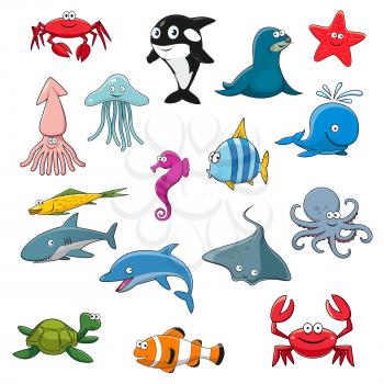 Sea life or cartoon underwater animal isolated. Smiling sea fish and ocean octopus, starfish and jellyfish, shark and whale, seal calf and stingray, comic crab and swimming dolphin with smiley face, t