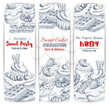 Banner for food dessert and bakery. Sweet cake and cupcake with chocolate or cream with strawberry, cherry, muffin and candy sticks, waffle and cookie. Cafeteria or restaurant, cafe or shop, celebrati