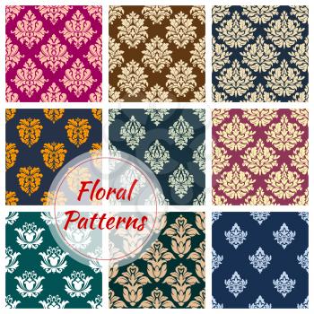 Set of vignette floral seamless pattern background. Flourish nature vintage fashion decoration for cloth, leaf ornament or tracery, old heraldic flourishes and retro victorian drapery. Classic luxury 